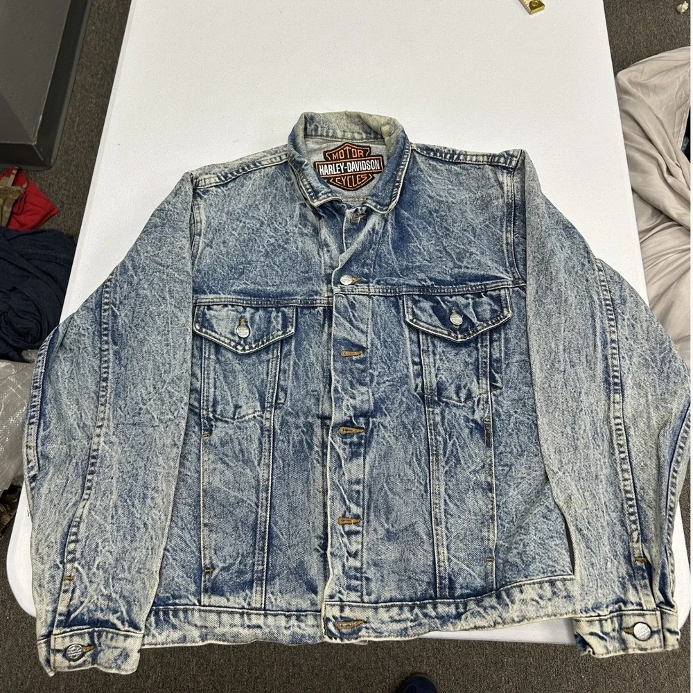 Harley Davidson Denim Jacket Mens M Blue Acid Wash Made In America Eagle Graphic